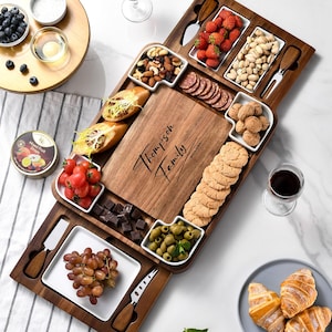 Personalized Mom&#39;s Charcuterie Board with Cheese Knives  Wooden Appetizer Serving Platter  4 Cutlery Set & 7 Bowls  Engraved Gift for Home