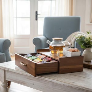 Rustic wooden tea organizer with drawer custom tea bag storage gift box for kitchen personalized engraved tea box with compartments