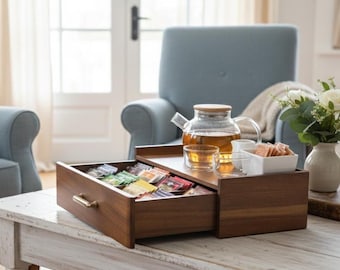Rustic wooden tea organizer with drawer custom tea bag storage gift box for kitchen personalized engraved tea box with compartments