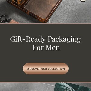 The image is an advertisement for a gift-ready packaging for men, featuring a wooden tray with a watch and other accessories.