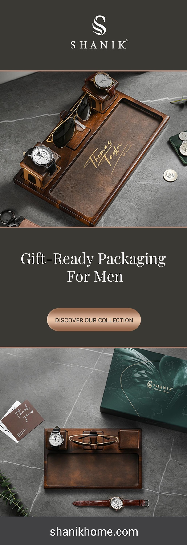 The image is an advertisement for a gift-ready packaging for men, featuring a wooden tray with a watch and other accessories.
