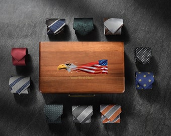 Tie Display Box - Premium Quality Solid Wood Box for 8 Ties, Necktie Box with Custom Printing, Dresser Organizer Personalized Gift for Men