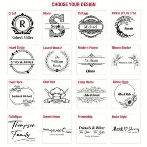 a collection of 16 different designs, each with its own unique style and theme. The designs include various shapes, patterns, and text elements, such as monograms, floral motifs, and decorative borders. The images are presented in a grid format, with each design occupying its own square. The text within the images is not described in detail, as it is not possible to provide specific information about each design without further context.