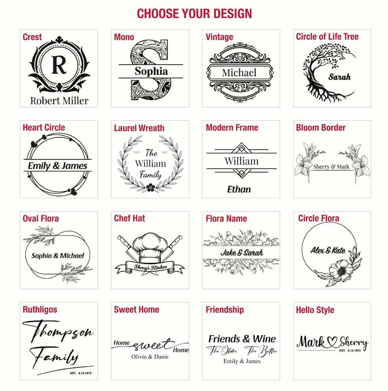 a collection of 16 different designs, each with its own unique style and theme. The designs include various shapes, patterns, and text elements, such as monograms, floral motifs, and decorative borders. The images are presented in a grid format, with each design occupying its own square. The text within the images is not described in detail, as it is not possible to provide specific information about each design without further context.