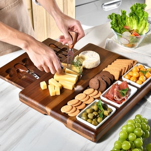 Custom Engraved Grazing Platter, Charcuterie Board with 3 Bowls, Serving Utensils & Appetizer Picks, Personalized Cutting Board Wedding Gift