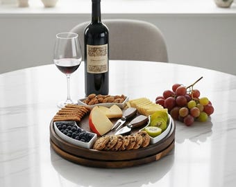 Round cheeseboard engraved wood board large cheese board with knives rustic cheeseboard personalized round wood charcuterie serving platter