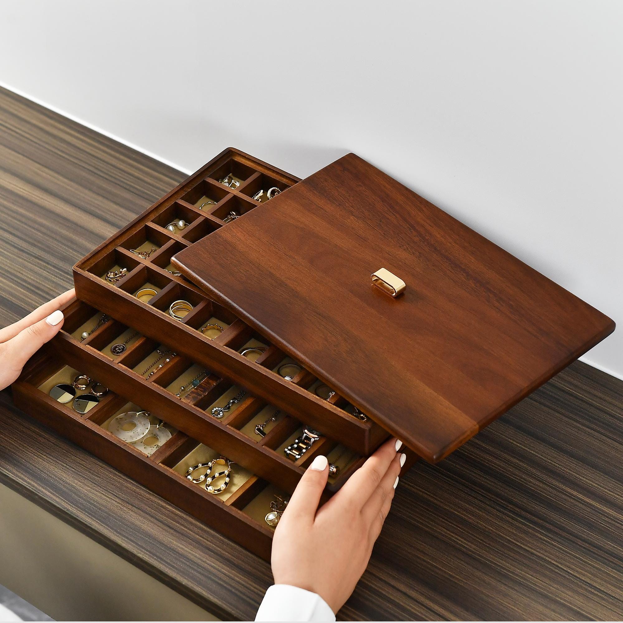 Stackable Jewelry Tray Organizer, Large Wooden Jewelry Box with Compartments & Lid, Custom Engraved Birth Flower Personalized Gift for Women