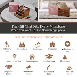 The image is a collage of various gift ideas, including a wooden box, a bed, and a dining table, along with icons representing different gift types such as personal, corporate, and corporate gifts.