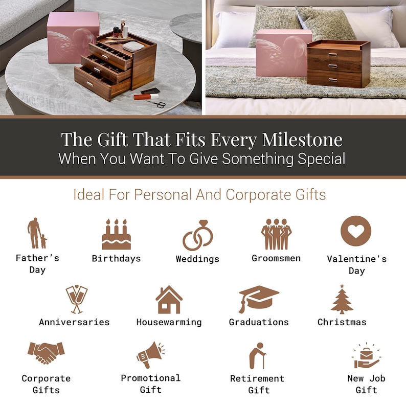 The image is a collage of various gift ideas, including a wooden box, a bed, and a dining table, along with icons representing different gift types such as personal, corporate, and corporate gifts.