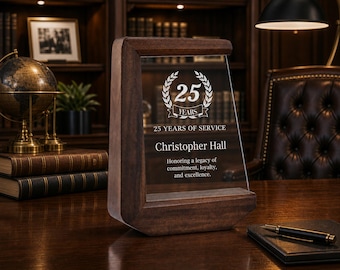 Luxury Retirement Plaque Personalized Clear Crystal Award Custom Name Dedication Wooden Frame Elegant Desk Decor Premium Farewell Gift