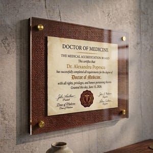 May include: A rectangular wall plaque featuring a Doctor of Medicine certificate with cream-colored paper, dark brown textured backing, and a clear acrylic front panel secured by four gold-toned metal standoffs at the corners.