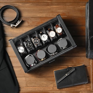 Custom Watch Box for Men - Large Leather Display Case with Drawer for Cufflinks & Jewelry  Acrylic Top  3rd Wedding Anniversary Gift for Him