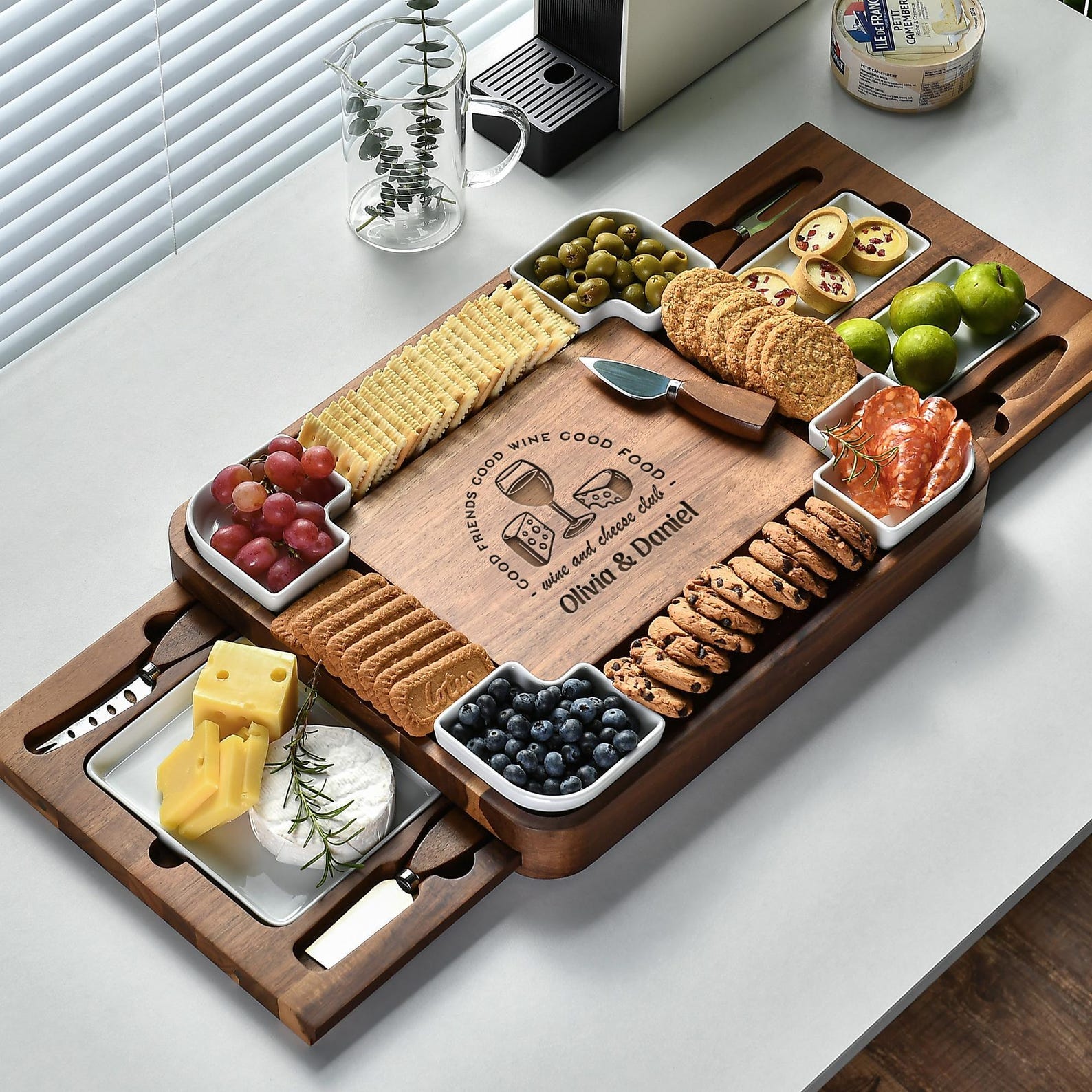 Multisectional Wood Charcuterie Board Set with Cheese Knives