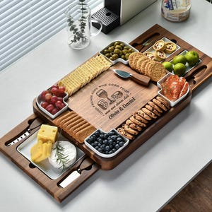 Multisectional Wood Charcuterie Board Set with Cheese Knives Customizable with Name and Date Wedding Anniversary Gift for Older Couple