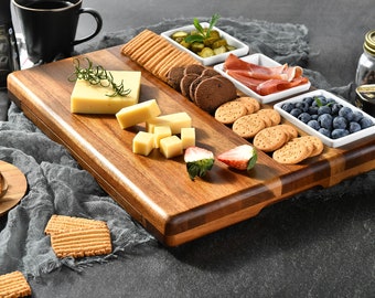 Premium Charcuterie Board with Knife Drawer and 3 Ceramic Bowls, Personalized Wooden Cheese Board Set, Host Family Gift for Housewarming