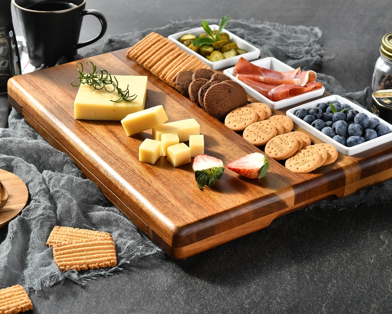 Premium Charcuterie Board with Knife Drawer and 3 Ceramic Bowls, Personalized Wooden Cheese Board Set, Host Family Gift for Housewarming image 1