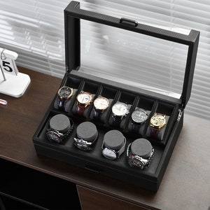 Gepersonaliseerde Watch Box voor mannen, 8 Divider Slots Gegraveerde houten sieraden Display Organizer met grappige citaten