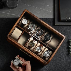 Premium Engraved Collector’s Watch Display Case Christmas Gift for Him Acacia Office Desk Watch Storage Organizer for Workspace