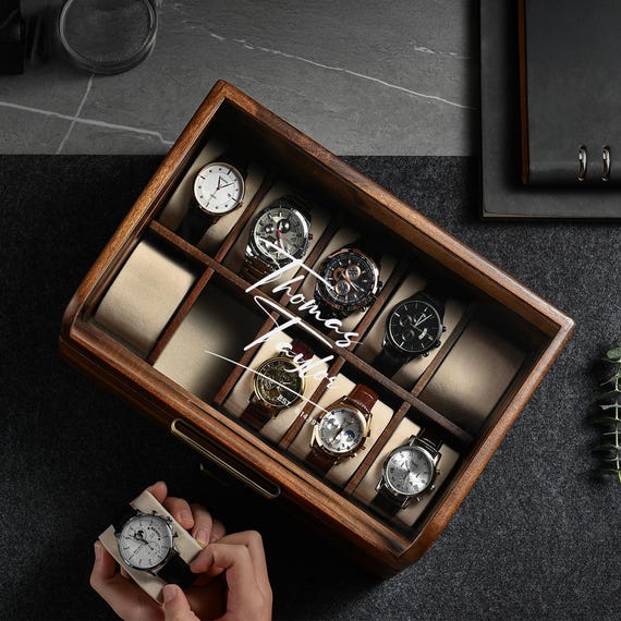 Premium Engraved Collector’s Watch Display Case Christmas Gift for Him Acacia Office Desk Watch Storage Organizer for Workspace