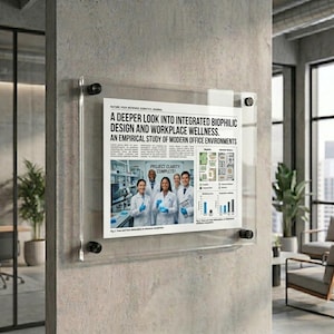 May include: A clear acrylic wall-mounted sign holder featuring a printed research document titled A Deeper Look Into Integrated Biophilic Design and Workplace Wellness. The document includes text, a photograph of four people in lab coats, and charts.
