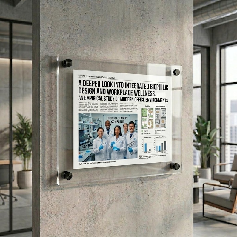 May include: A clear acrylic wall-mounted sign holder featuring a printed document titled A Deeper Look Into Integrated Biophilic Design and Workplace Wellness. The display is secured with four black circular standoffs at the corners.
