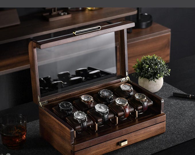 Engraved Luxury Watch Case Dad Anniversary Present Elegant Wooden Storage Organizer Retirement Gift for Men Personalized Watch Display Box