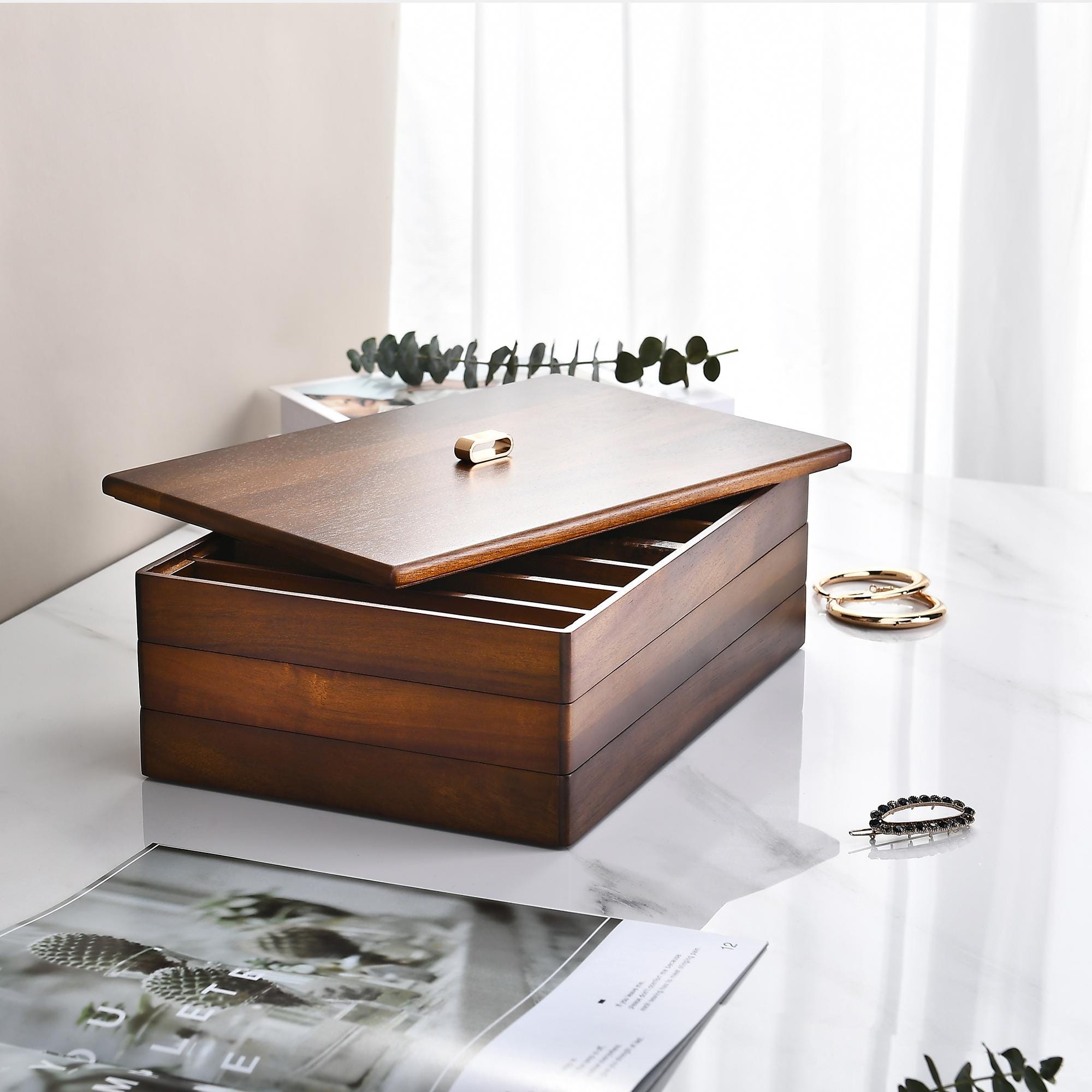 Stackable Jewelry Tray Organizer, Large Wooden Jewelry Box with Compartments & Lid, Custom Engraved Birth Flower Personalized Gift for Women