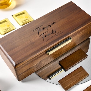 Scatola da tè in legno incisa personalizzata, portaoggetti 4 slot rimovibili, organizer personalizzato regalo