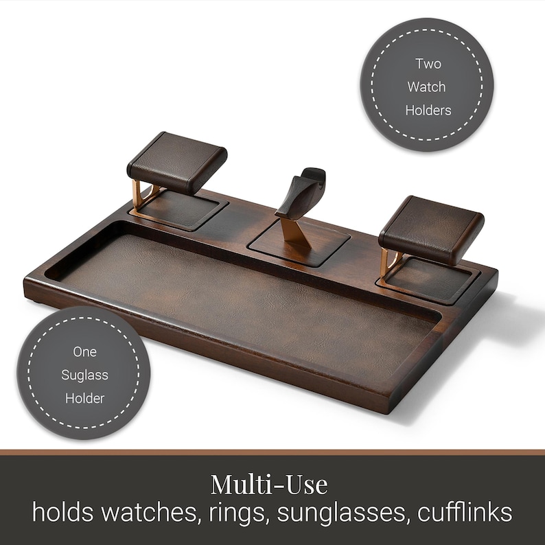 A wooden watch stand with two compartments, designed to hold various types of accessories such as watches, rings, sunglasses, and cufflinks.