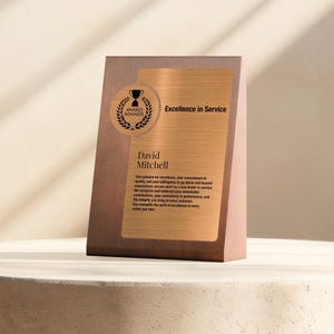 Pode incluir: Uma placa de prêmio de madeira com uma placa de cor bronze. A placa diz "Excellence in Service" e inclui o nome "David Mitchell". Há também um emblema circular com um troféu e uma coroa de louros.