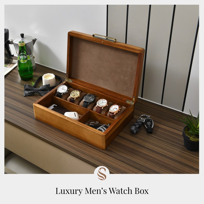 Watch Box For Men, Personalized Watch Storage Box with 5 Slots, Best Wood Organizer for Personal Stuff Like Airpods, small accessories 10 image 2