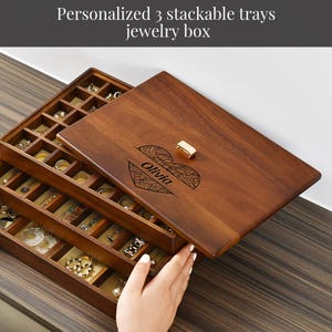 Stackable Jewelry Tray Organizer  3 Layer Large Wooden Jewelry Box with 56 Compartments and Lid  Custom Engraved Personalized Gift for Women