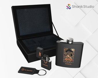 Custom Zodiac Sign Gift Box, Art Nouveau Astrology Set for Men with Flask, Lighter, & Keychain in PU Leather Box, Personalized Birthday Gift