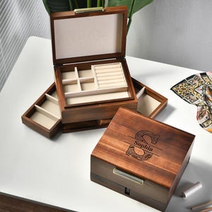 Shanik Wooden Jewelry Box Multi Tier Ring Earring Necklace Storage with Pull-Out Drawer Removable Tray Custom Organization Box for Women image 6