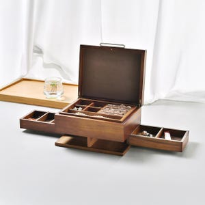 Shanik Wooden Jewelry Box Multi Tier Ring Earring Necklace Storage with Pull-Out Drawer Removable Tray Custom Organization Box for Women