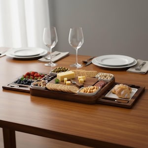 A wooden tray filled with an assortment of snacks, cheeses, crackers, and bread is placed on a wooden table, accompanied by two wine glasses and place settings.