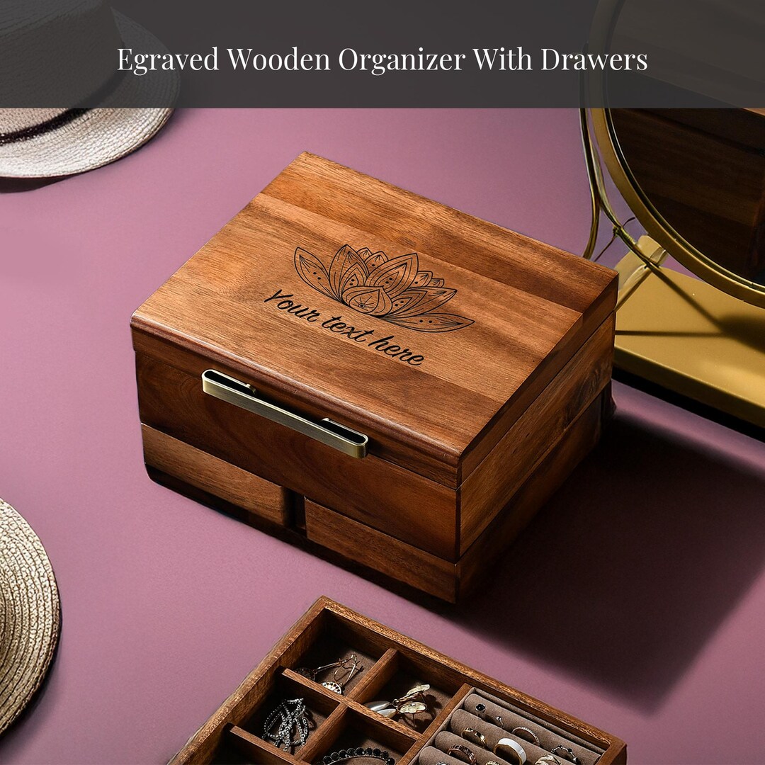 Shanik Wooden Jewelry Box Jewelry Organizer With Ring Cushions Earring  Necklace Storage With Pull-out Drawer Removable Tray and Divider