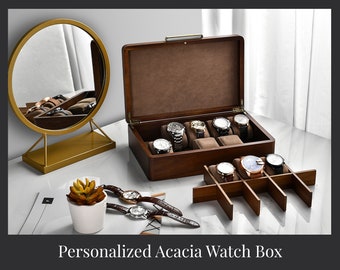 Customized Groom's Watch Box, 10 Slots Engraved Acacia Storage, Wooden Organizer for Jewelry & Small Accessories, Personalized Wedding Gift