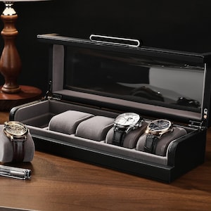 Personalized Box for 5 Watches Custom Engraved Watch Display Case Leather Watch Box for Men Customized Black Valentine or Wedding Gifts
