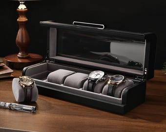 Personalized Box for 5 Watches Custom Engraved Watch Display Case Leather Watch Box for Men Customized Black Valentine or Wedding Gifts