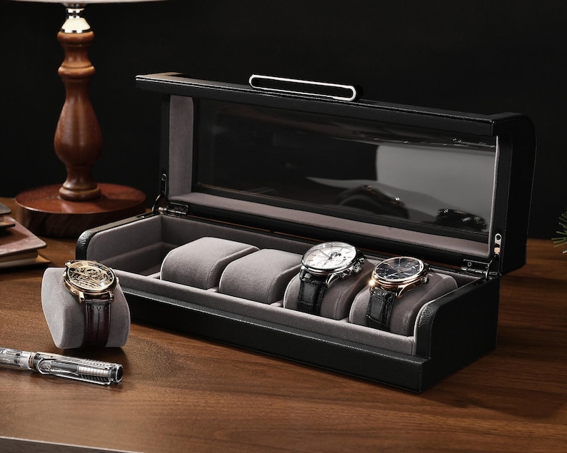 Personalized Box for 5 Watches Custom Engraved Watch Display Case Leather Watch Box for Men Customized Black Valentine or Wedding Gifts image 1