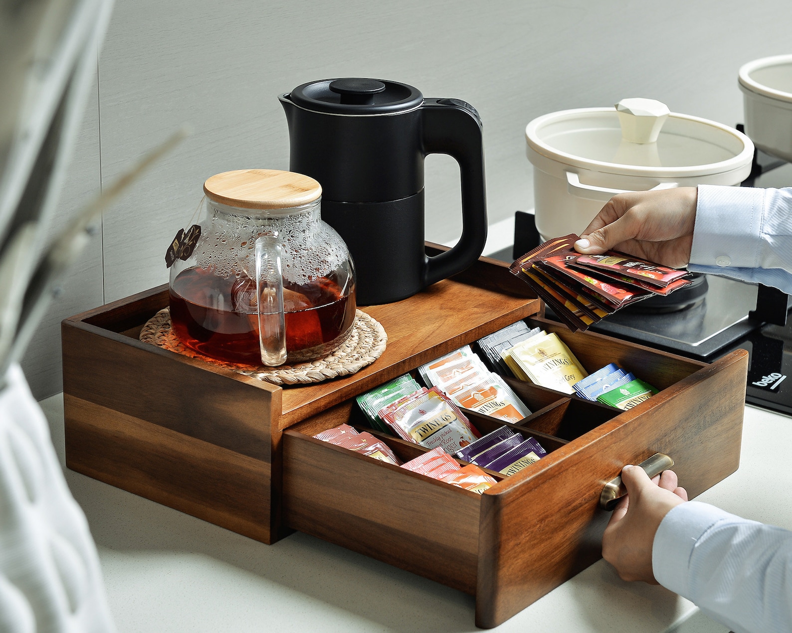 Custom Engraved Office Tea Station with Tea Bag Drawer, Solid Wood Tea Organizer Useful Tea Storage for Breakroom, Corporate Gifts with Logo