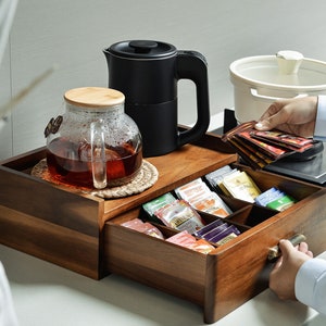 Custom Engraved Office Tea Station with Tea Bag Drawer, Solid Wood Tea Organizer Useful Tea Storage for Breakroom, Corporate Gifts with Logo