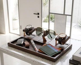 Wooden desk tray for glasses and watches organizer engraved Christmas gift for husband 6th anniversary gift for men watch jewelry organizer