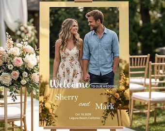 Letrero de bienvenida para bodas con imagen, letrero para el pasillo nupcial, decoración para bodas, letrero rectangular dorado de acrílico para eventos y ceremonias.