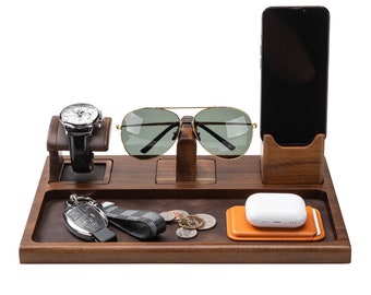 Nightstand Organizer - Engraved Wood Docking Station for Men, Custom Valet Tray with Removable Watch, Sunglasses & Phone Stand, Personalized