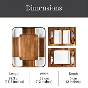 three different wooden serving platters with various sizes and shapes, along with their corresponding dimensions.