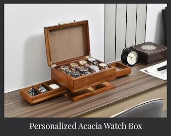 Custom Engraved Watch Box For Boss, 8 Slot Handmade Natural Wood Display Organizer with Magnetic Lid Closures, Personalized Retirement Gift