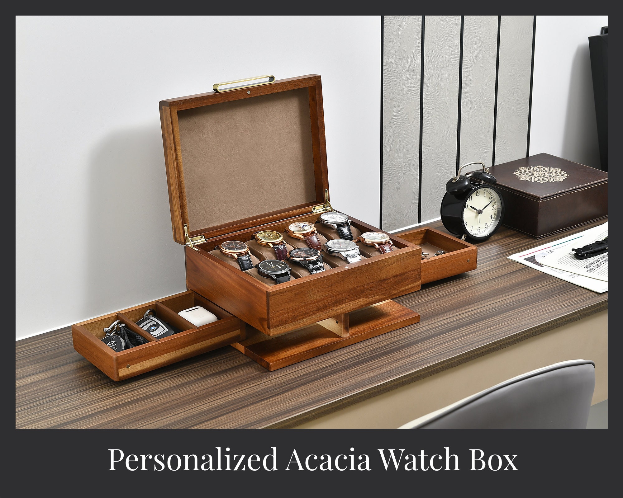 Caja organizadora de relojes para hombres, caja de exhibición de reloj de 6  ranuras con cajón, regalo de San Valentín, funda de reloj para hombre