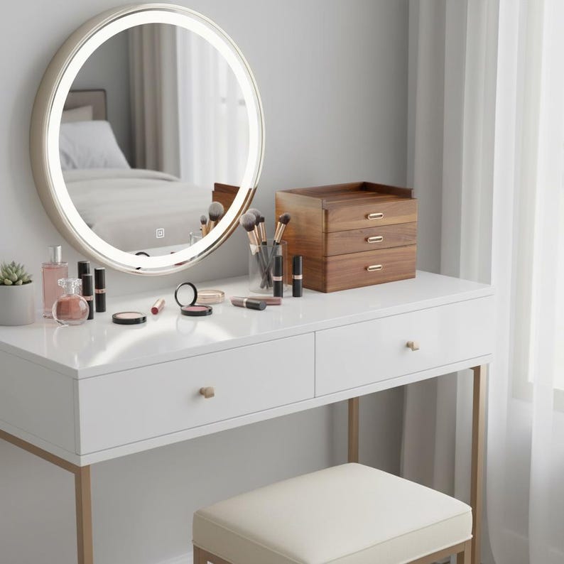 a well-organized and stylishly decorated vanity area with a white dresser, a round mirror, and various makeup and beauty products.